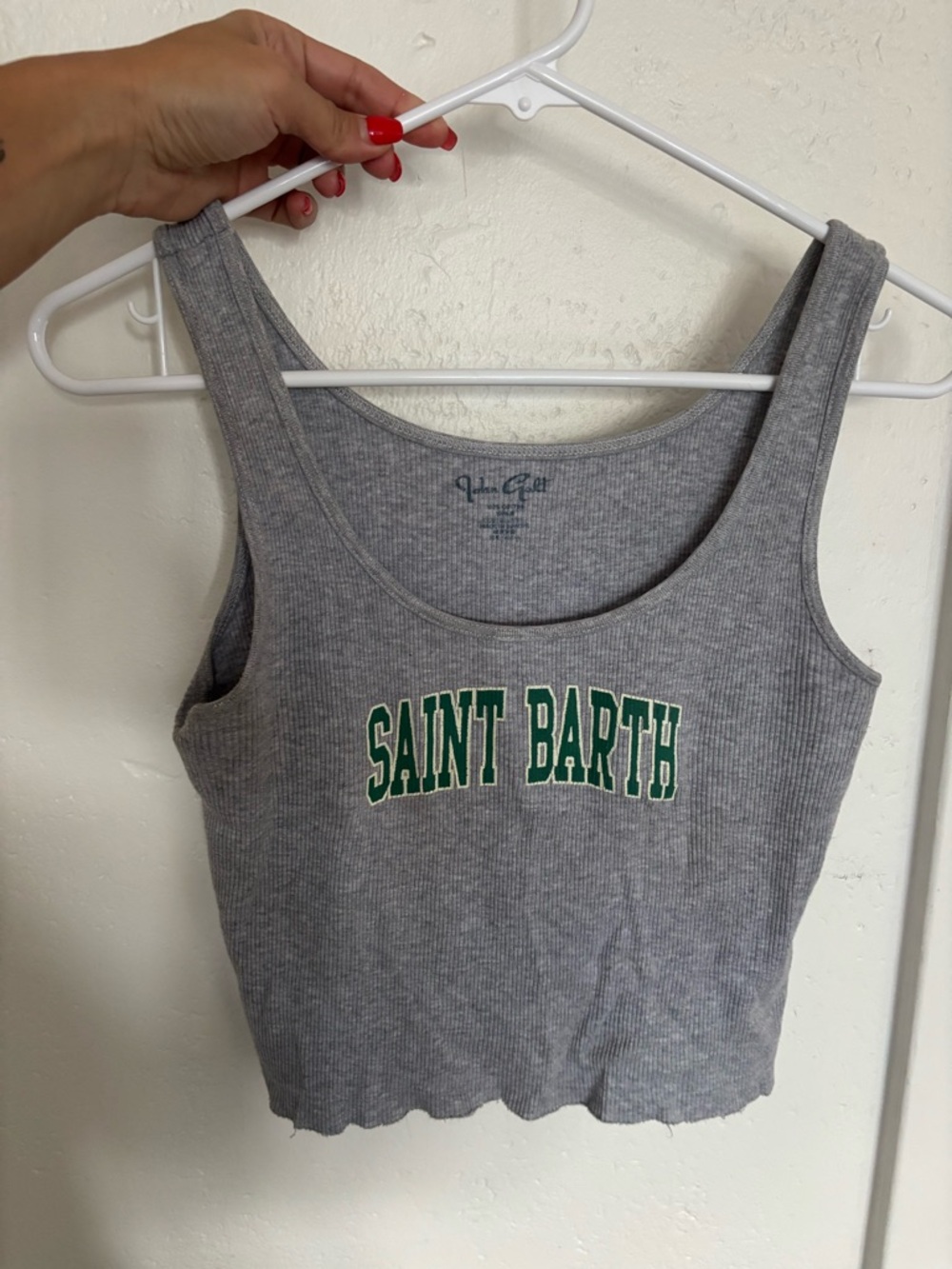 Brandy Melville John Galt Gray Ribbed Crop Tank with Green Saint Barth Logo